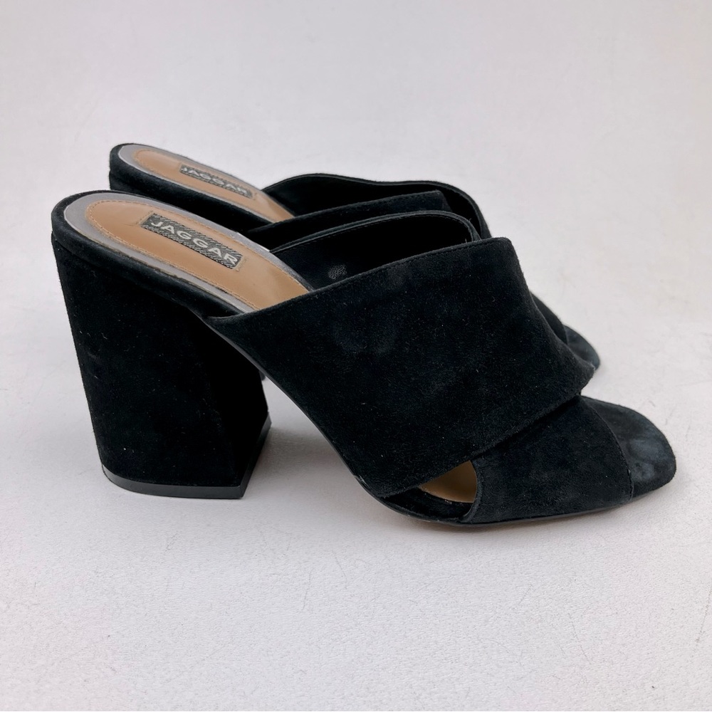 Jaggar criss cross open toe black suede slip on sandals